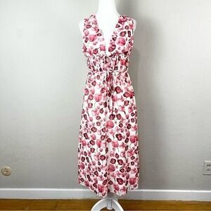 Sipos Strawberry Floral Chiffon Tie Front Pink White Midi Dress Size Small